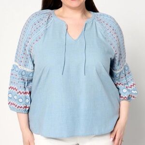 Canyon Retreat popover embroidered puff 3/4 sleeve Blue Blouse Red Details 2X